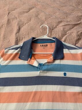 Izod Striped Polo in Peach, Light Blue & Navy Contrast Collar